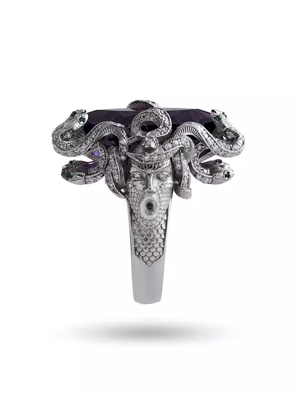 Exotic India Medusa Sterling Silver Ring With Marquise Cut Amethyst 