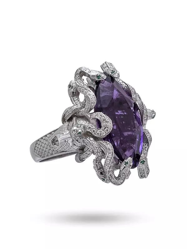 exotic india Medusa Sterling Silver Ring with Marquise Cut Amethyst 