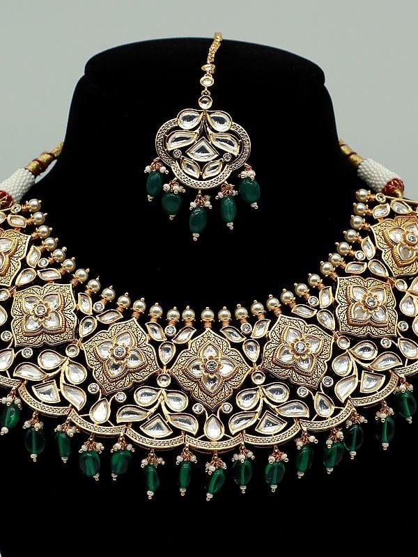 Exotic India Meenakari Choker Set For Bridal With Mangtika And Drop Beads