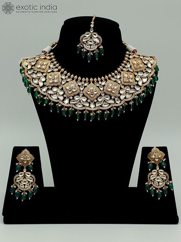 exotic india Meenakari Choker Set For Bridal With Mangtika And Drop Beads 