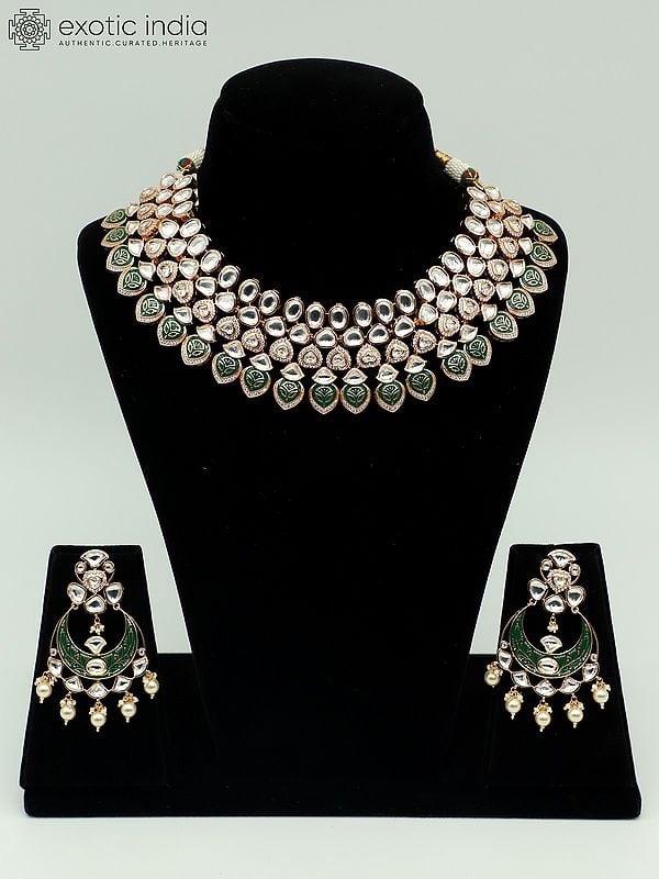 exotic india Meenakari Choker Set In Brass And Kundan Stone With Earrings