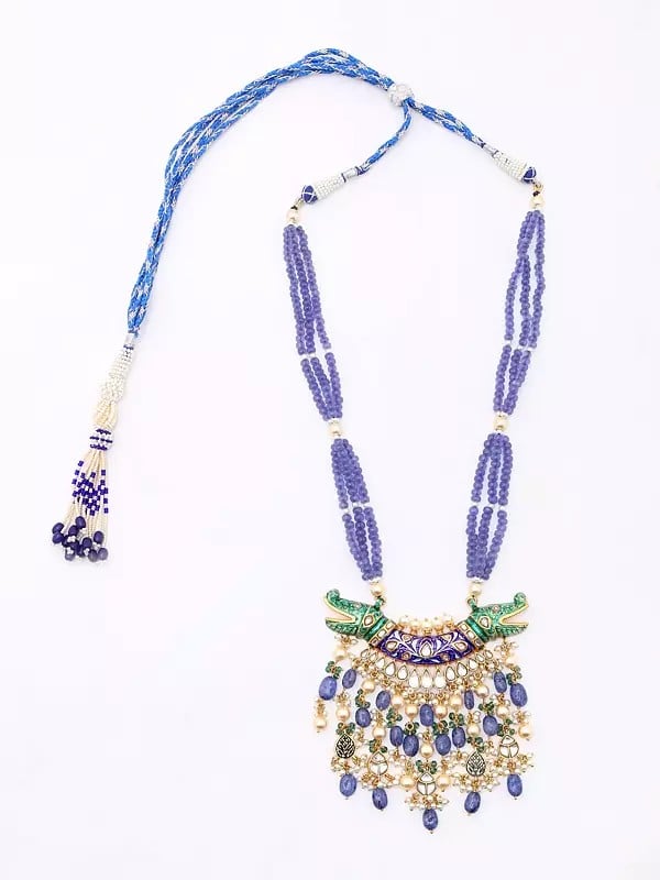 Exotic India Meenakari Crocodile Design Necklace And Earrings Set With Tanzanite Beads 