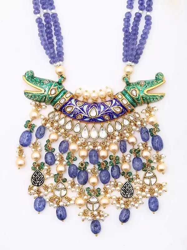 Exotic India Meenakari Crocodile Design Necklace And Earrings Set With Tanzanite Beads 