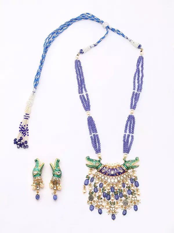 exotic india Meenakari Crocodile Design Necklace and Earrings Set with Tanzanite Beads 