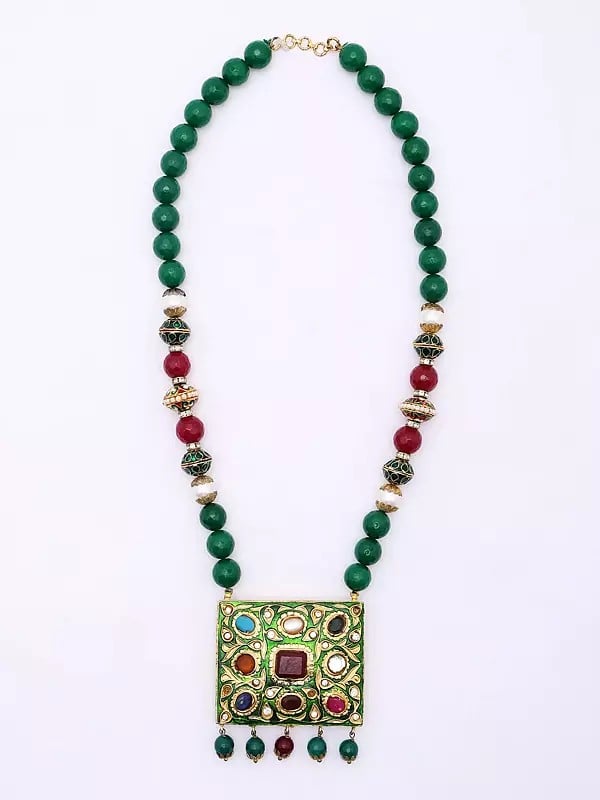 Exotic India Meenakari Design Green Beaded Long Necklace Set With Earrings 