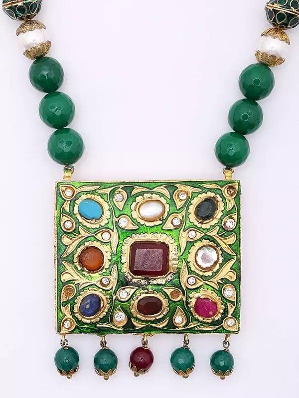 Exotic India Meenakari Design Green Beaded Long Necklace Set With Earrings 