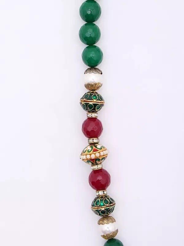 Exotic India Meenakari Design Green Beaded Long Necklace Set With Earrings 