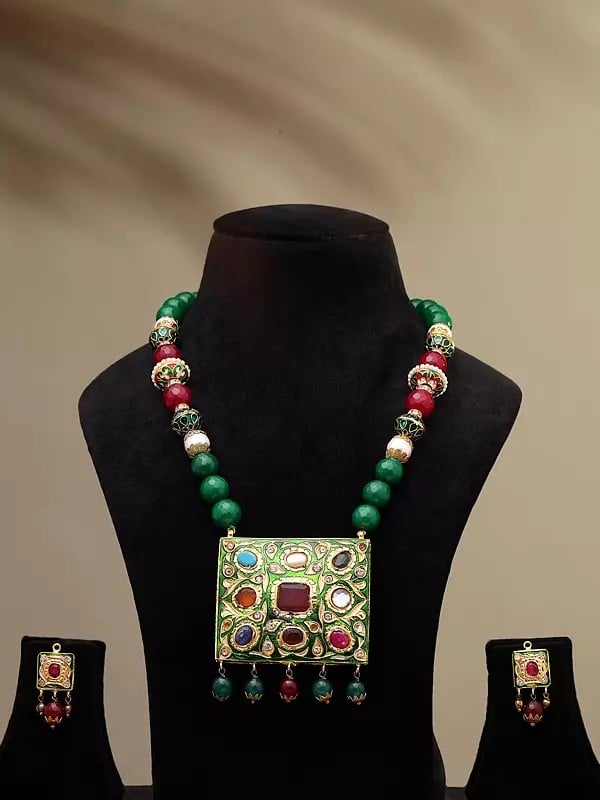 exotic india Meenakari Design Green Beaded Long Necklace Set with Earrings 