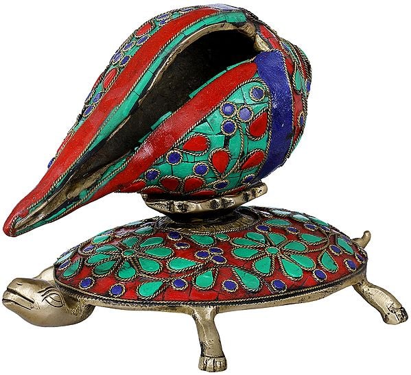 Exotic India Meenakari Designs Brass Vastu Conch On Tortoise