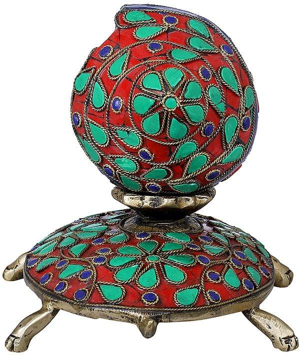 Exotic India Meenakari Designs Brass Vastu Conch On Tortoise