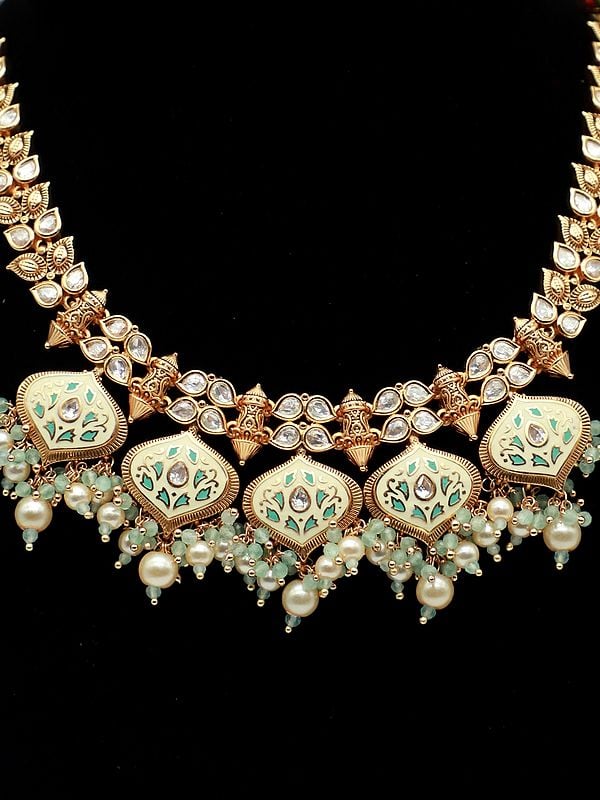 Exotic India Meenakari Necklace Set In Leaf Design With Hanging Beads And Earrings