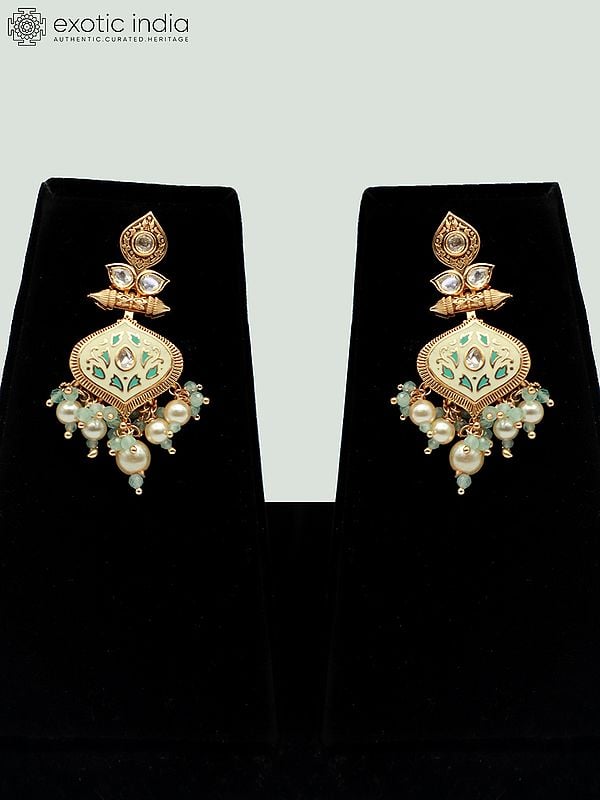 Exotic India Meenakari Necklace Set In Leaf Design With Hanging Beads And Earrings