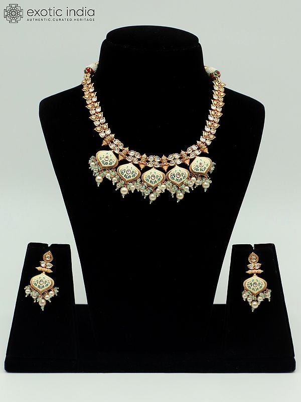 exotic india Meenakari Necklace Set In Leaf Design With Hanging Beads And Earrings 