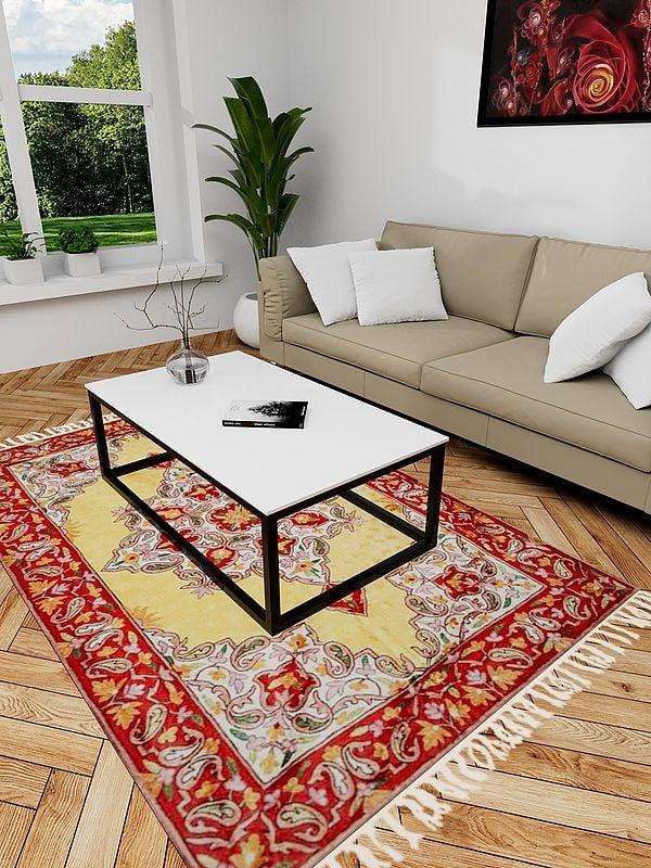 Exotic India Mellow-Yellow Kashmiri Carpet With Chain Stitched Paisley Motifs