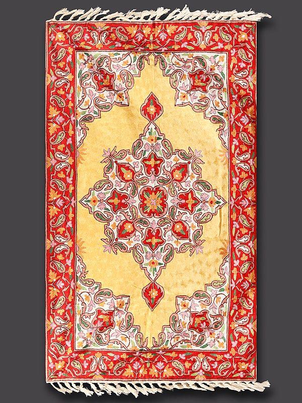 Exotic India Mellow-Yellow Kashmiri Carpet With Chain Stitched Paisley Motifs