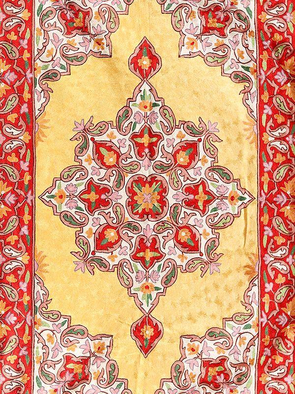 Exotic India Mellow-Yellow Kashmiri Carpet With Chain Stitched Paisley Motifs