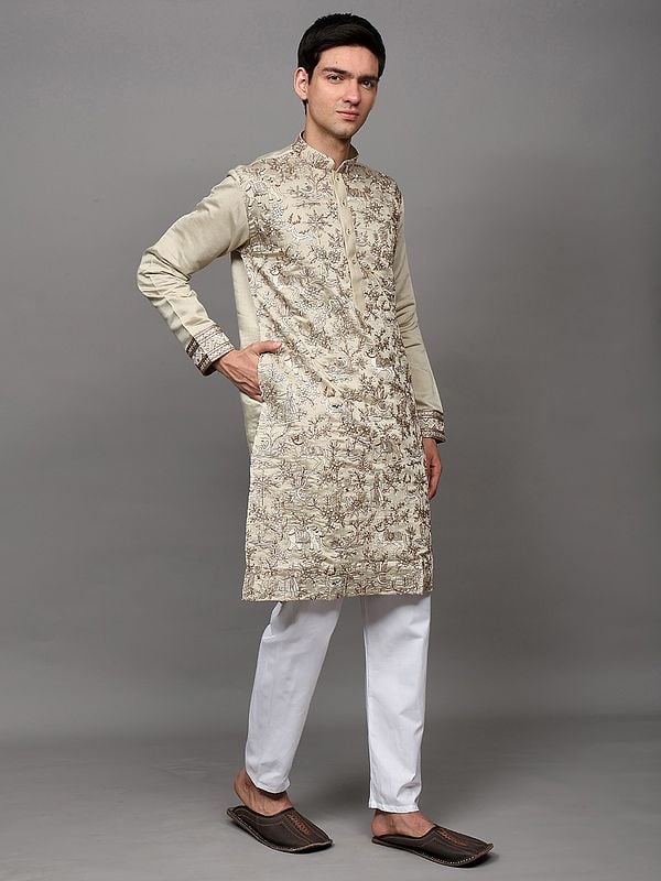 Exotic India Metallic-Thread Embroidered Kurta Pajama With Floral Fauna Motifs And Sequins Work 