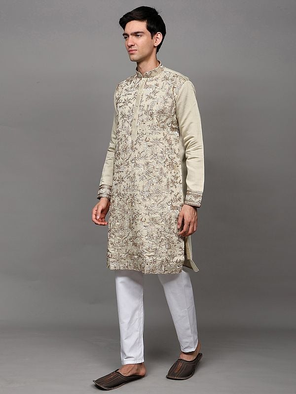 Exotic India Metallic-Thread Embroidered Kurta Pajama With Floral Fauna Motifs And Sequins Work 