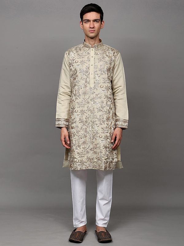 Exotic India Metallic-Thread Embroidered Kurta Pajama With Floral Fauna Motifs And Sequins Work 