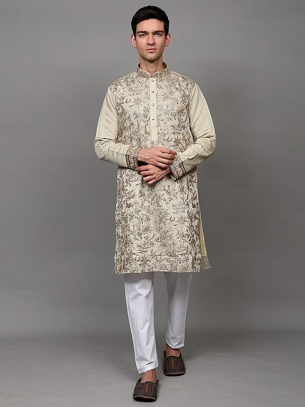 exotic india Metallic-Thread Embroidered Kurta Pajama with Floral Fauna Motifs and Sequins work 