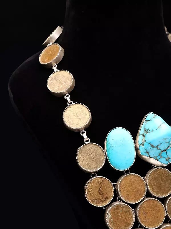 Exotic India Mexico 20 Pesos Coin Necklace With Tibetan Turquoise 