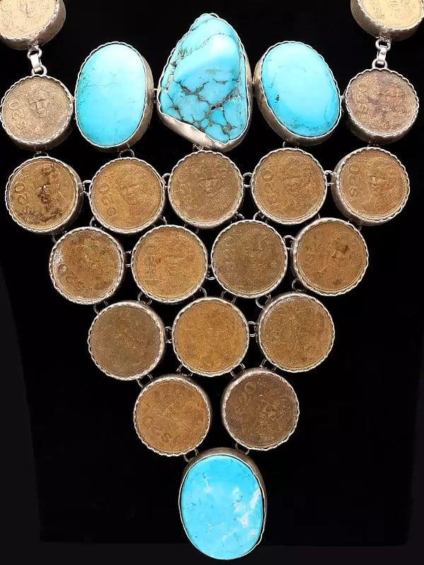 Exotic India Mexico 20 Pesos Coin Necklace With Tibetan Turquoise 
