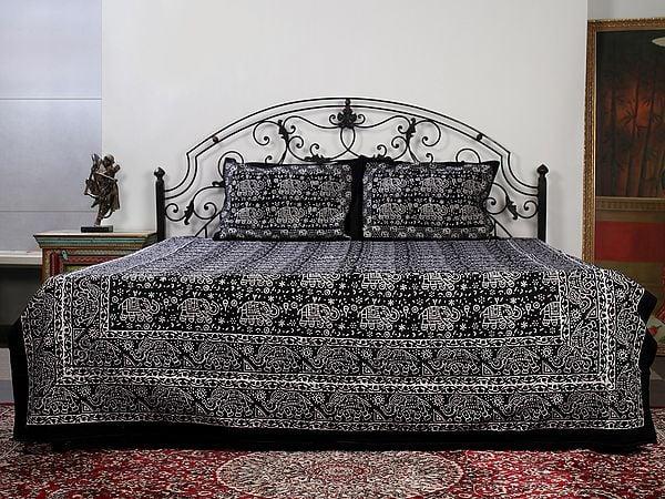 Exotic India Midnight-Black Color Queen Size Cotton Bedsheet With All-Over Elephant Handblock-Pilkhuwa Print With Two Pillow Cover 