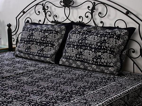 Exotic India Midnight-Black Color Queen Size Cotton Bedsheet With All-Over Elephant Handblock-Pilkhuwa Print With Two Pillow Cover 