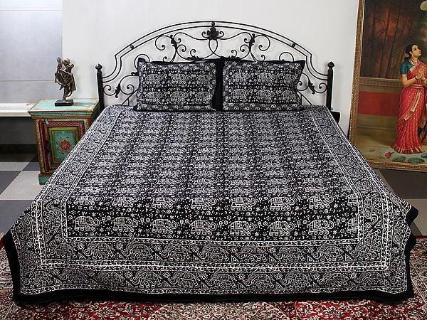 exotic india Midnight-Black Color Queen Size Cotton Bedsheet with All-Over Elephant Handblock-Pilkhuwa Print with Two Pillow Cover 