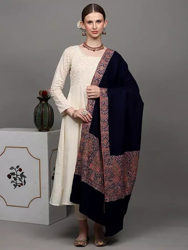 Exotic India Midnight-Blue Pure Hand-woven Pashmina Shawl From Kashmir With Sozni Embroidery 