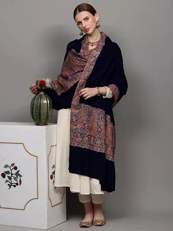Exotic India Midnight-Blue Pure Hand-woven Pashmina Shawl From Kashmir With Sozni Embroidery 