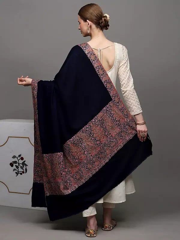 Exotic India Midnight-Blue Pure Hand-woven Pashmina Shawl From Kashmir With Sozni Embroidery 