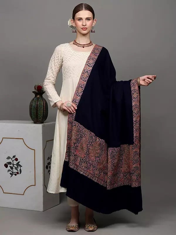 exotic india Midnight-Blue Pure Hand-woven Pashmina Shawl from Kashmir with Sozni Embroidery 