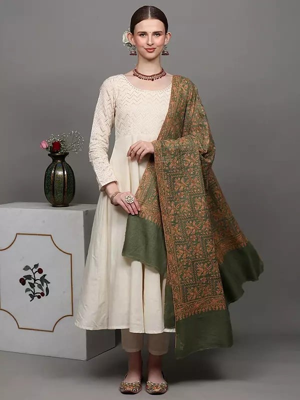 Exotic India Mineral-Green Pure Pashmina Shawl From Kashmir With All-Over Sozni Embroidered Paisleys By Hand 