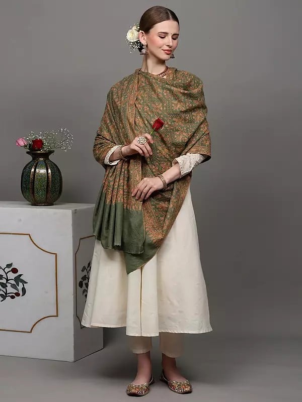 Exotic India Mineral-Green Pure Pashmina Shawl From Kashmir With All-Over Sozni Embroidered Paisleys By Hand 