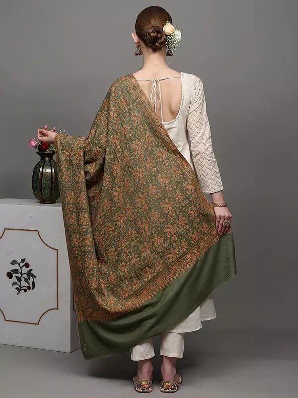 Exotic India Mineral-Green Pure Pashmina Shawl From Kashmir With All-Over Sozni Embroidered Paisleys By Hand 