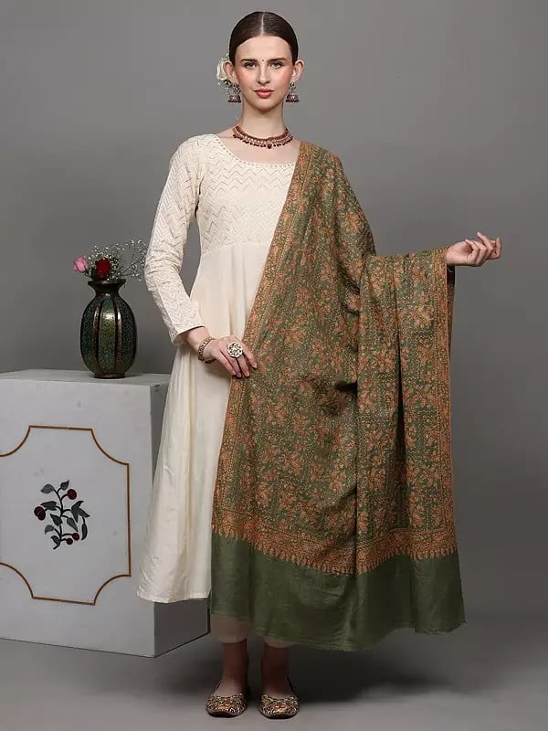 exotic india Mineral-Green Pure Pashmina Shawl from Kashmir with All-Over Sozni Embroidered Paisleys by Hand 