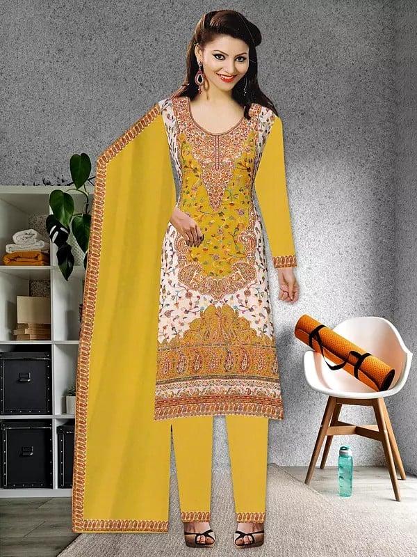 exotic india Mineral-Yellow Poly Wool Kani Jamawar Salwar Suit with Dupatta from Amritsar 