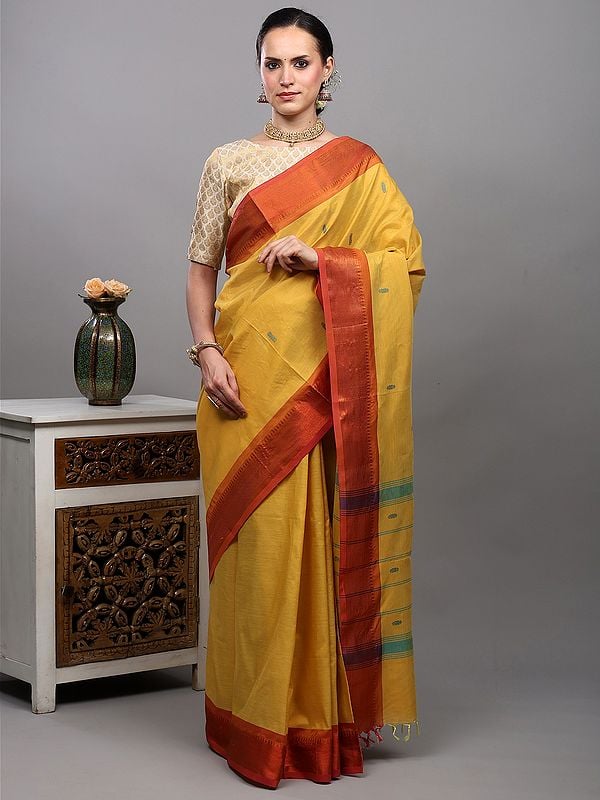Exotic India Mineral-Yellow Saree With Woven Temple Border In Copper Thread From Kumbakonam 