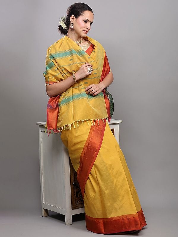 Exotic India Mineral-Yellow Saree With Woven Temple Border In Copper Thread From Kumbakonam 