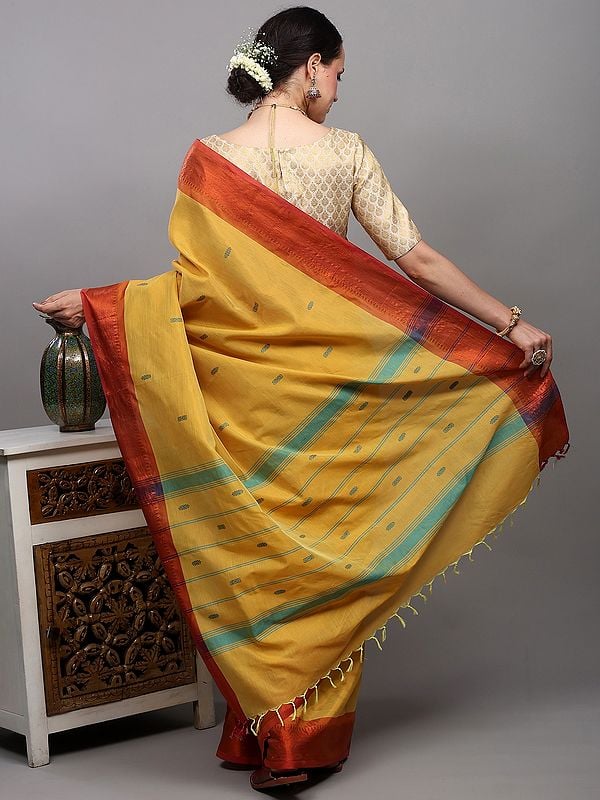 Exotic India Mineral-Yellow Saree With Woven Temple Border In Copper Thread From Kumbakonam 