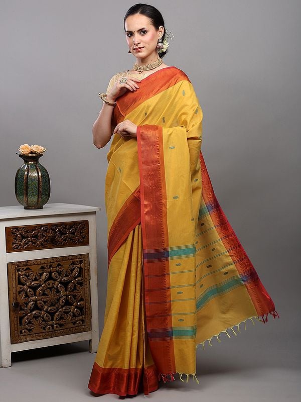 exotic india Mineral-Yellow Saree with Woven Temple Border in Copper Thread from Kumbakonam 