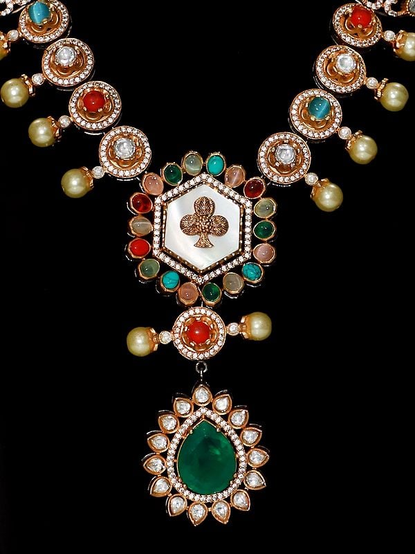Exotic India Mint And Multicolor Kundan Necklace Set With Earrings