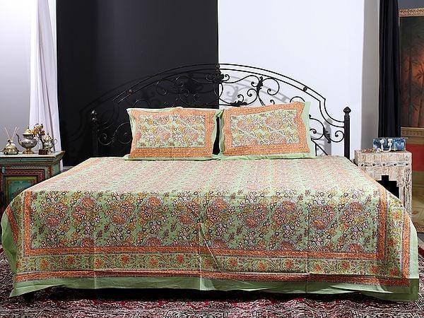 Exotic India Mint-Green Botanical Flower Bunch Motif Printed Cotton Queen Size Bedsheet With Two Pillow Cover 