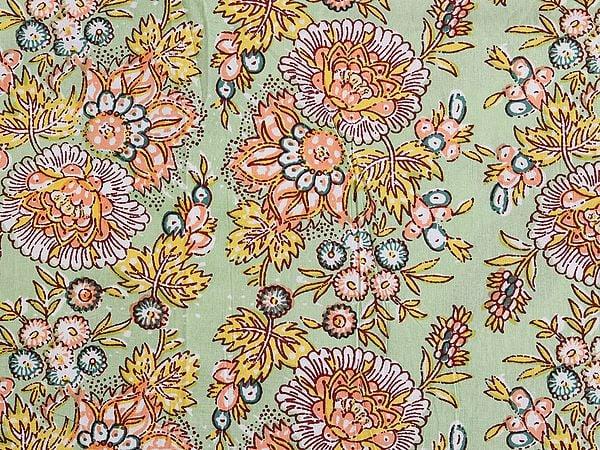 Exotic India Mint-Green Botanical Flower Bunch Motif Printed Cotton Queen Size Bedsheet With Two Pillow Cover 
