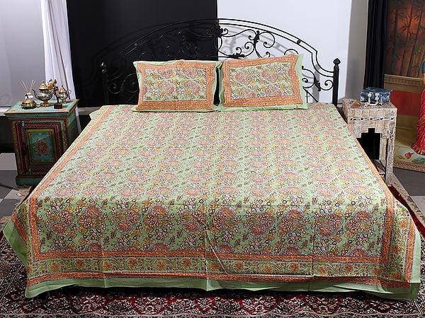 exotic india Mint-Green Botanical Flower Bunch Motif Printed Cotton Queen Size Bedsheet with Two Pillow Cover
