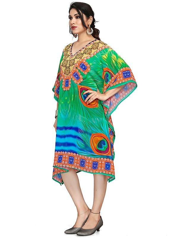 Exotic India Mint-Green Georgette Short Kaftan With Printed Peacock Feather 