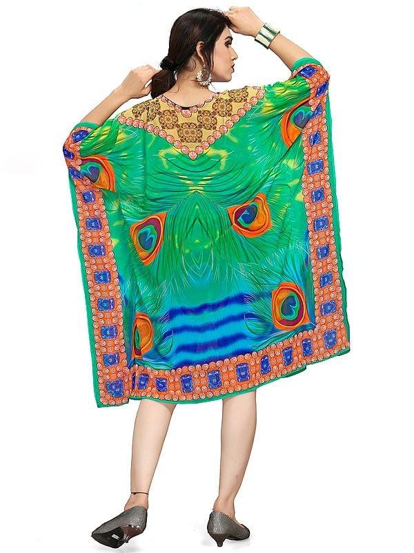Exotic India Mint-Green Georgette Short Kaftan With Printed Peacock Feather 