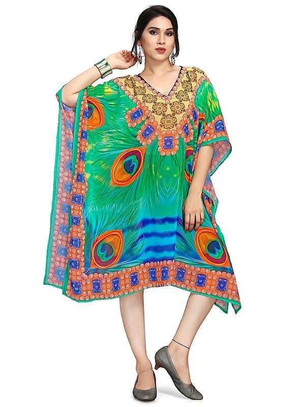 exotic india Mint-Green Georgette Short Kaftan with Printed Peacock Feather 