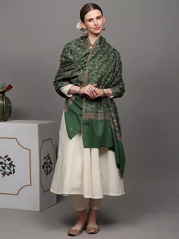 Exotic India Mint-Green Pure Pashmina Shawl With Detailed Floral Jaal Sozni Embroidery By Hand 